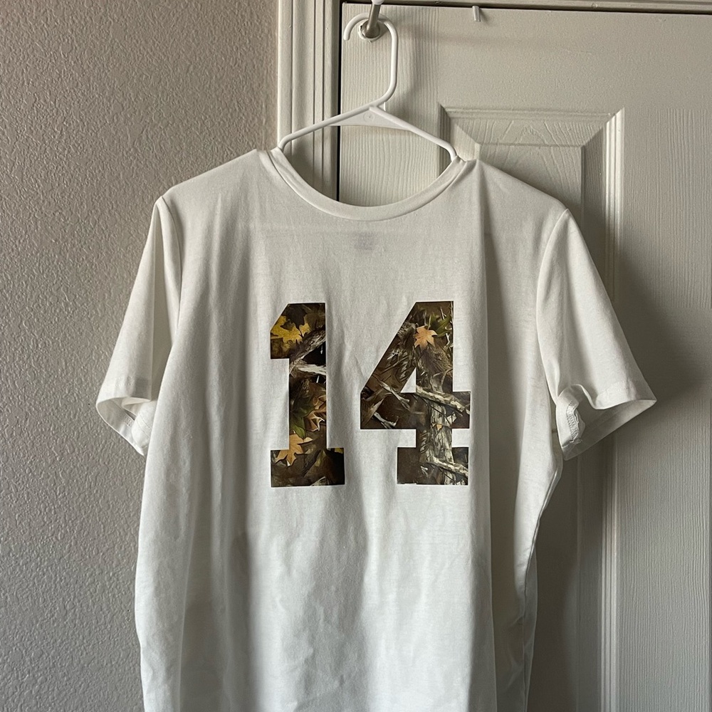 White Graphic T-Shirt with Camouflage Number